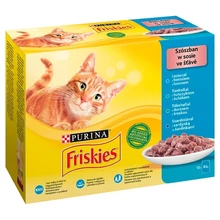 FRISKIES SZÓSZBAN LAZACCAL/TONHALLAL/SZARDÍNIÁVAL/TŐKEHALLAL NEDVES MACSKAELEDEL 12 X 85 G