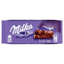 MILKA TRIPLE ALPESI TEJCSOKOLÁDÉ KAKAÓS KRÉMMEL, KAKAÓS TÖLTELÉKKEL ÉS KAKAÓS KEKSZ DARABOKKAL 90 G