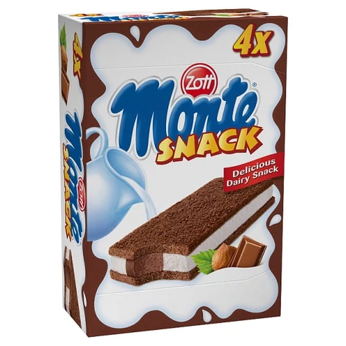 ZOTT MONTE SNACK TEJES, CSOKOLÁDÉS-MOGYORÓS KRÉMMEL TÖLTÖTT SÜTEMÉNY 4 X 29 G