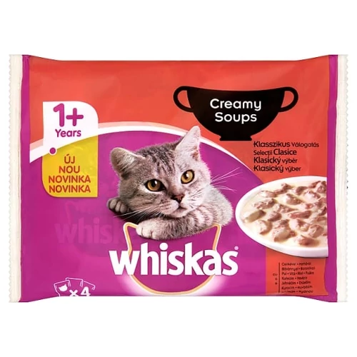 WHISKAS NEDVES ÁLLATELEDEL MACSKÁK SZÁMÁRA CSIRKE-MARHA-BÁRÁNY-BAROMFI KRÉMES SZÓSZBAN 4 X 85 G