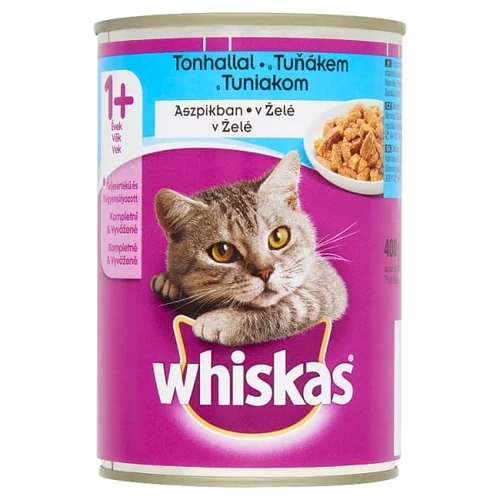 WHISKAS KONZERV ÁLLATELEDEL MACSKÁK SZÁMÁRA TONHALLAL ASZPIKBAN 400 G