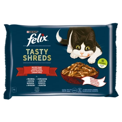 FELIX SHREDS HÁZIAS VÁLOGATÁS TELJES ÉRTÉKŰ ÁLLATELEDEL FELNŐTT MACSKÁKNAK SZÓSZBAN 4 X 80 G (320 G)